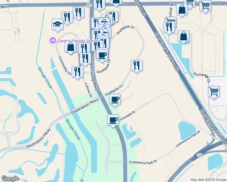 map of restaurants, bars, coffee shops, grocery stores, and more near 8739 Southpark Circle in Orlando