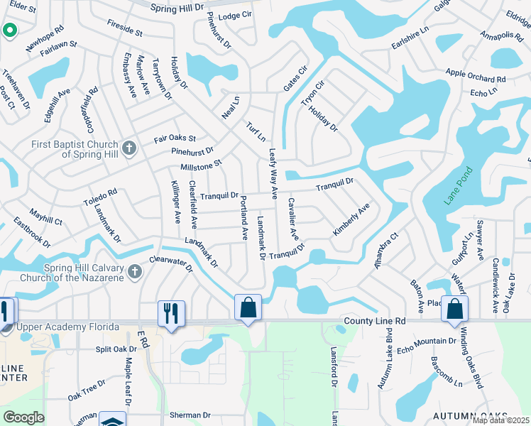 map of restaurants, bars, coffee shops, grocery stores, and more near 7654 Landmark Drive in Spring Hill