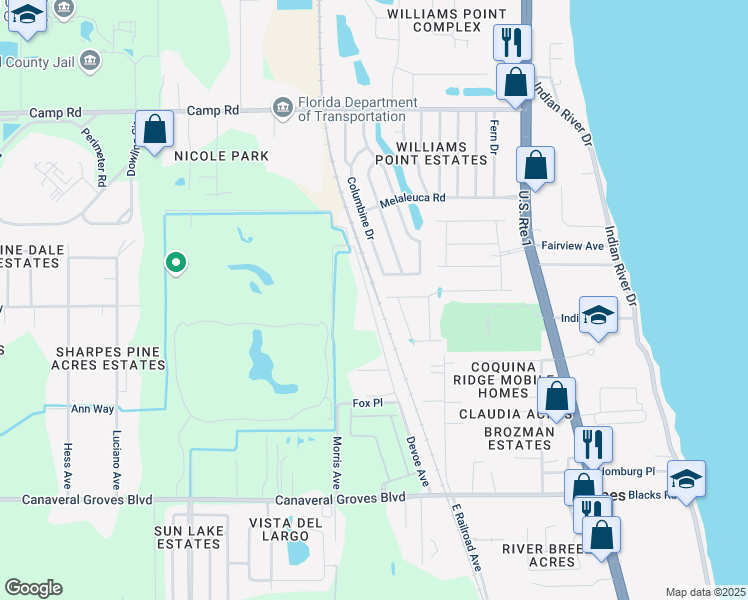 map of restaurants, bars, coffee shops, grocery stores, and more near 6817 Elder Road in Cocoa