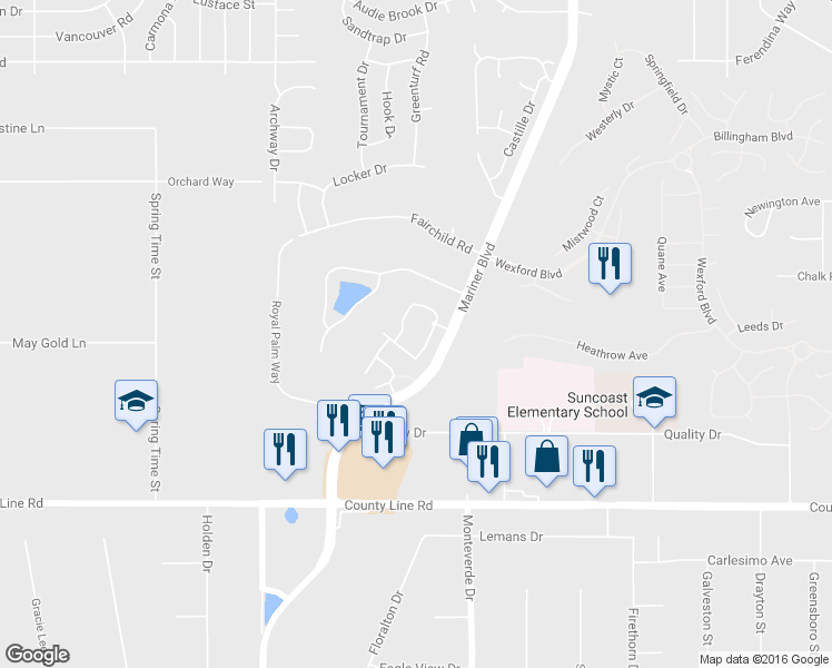 map of restaurants, bars, coffee shops, grocery stores, and more near 546 Spring Haven Loop in Spring Hill