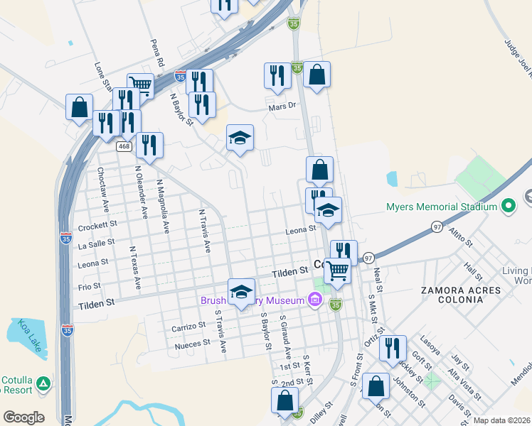 map of restaurants, bars, coffee shops, grocery stores, and more near 428-498 Medina Street in Cotulla