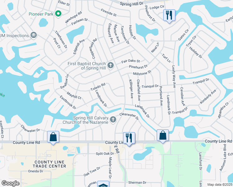 map of restaurants, bars, coffee shops, grocery stores, and more near 7195 Toledo Road in Spring Hill