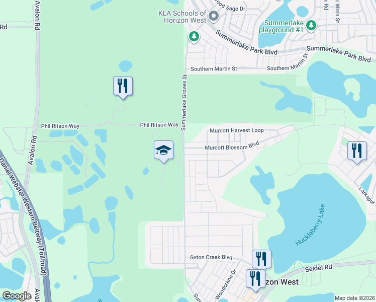 map of restaurants, bars, coffee shops, grocery stores, and more near 15595 Murcott Blossom Boulevard in Winter Garden