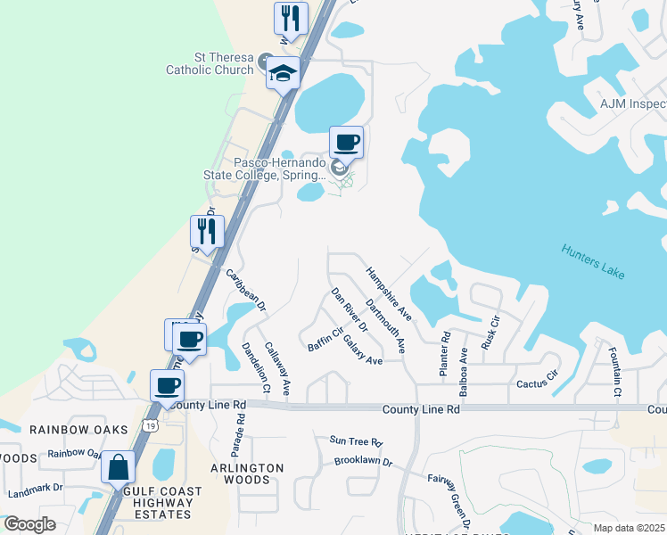 map of restaurants, bars, coffee shops, grocery stores, and more near 351 Dan River Drive in Spring Hill