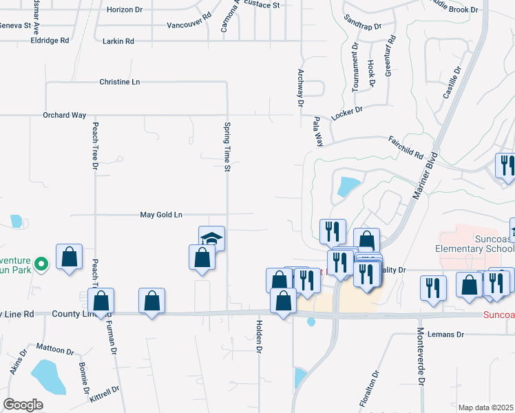 map of restaurants, bars, coffee shops, grocery stores, and more near 284 Spring Time Street in Spring Hill