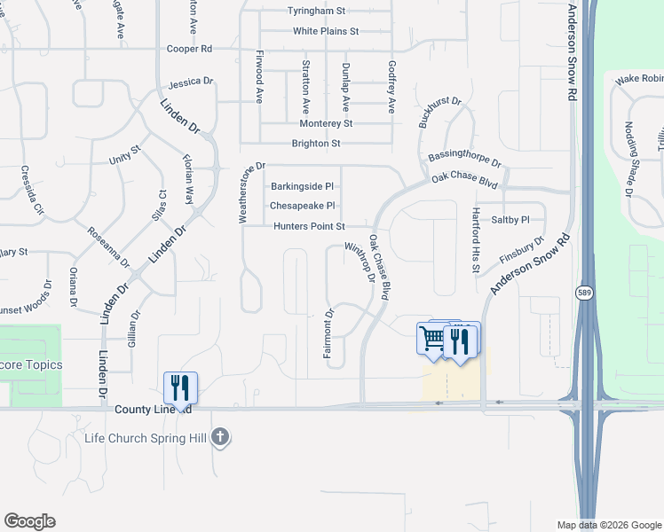 map of restaurants, bars, coffee shops, grocery stores, and more near 699 Winthrop Drive in Spring Hill