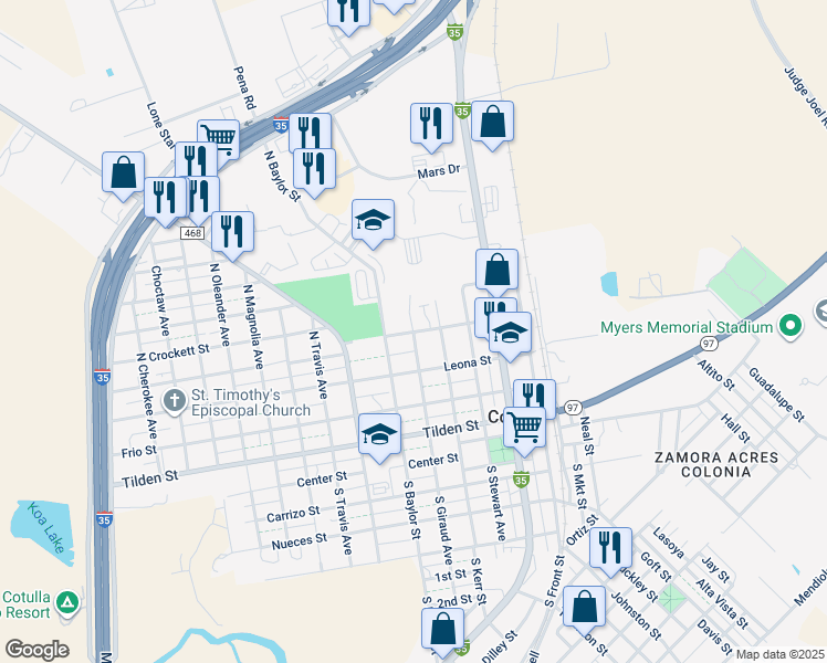 map of restaurants, bars, coffee shops, grocery stores, and more near 498 Medina Street in Cotulla