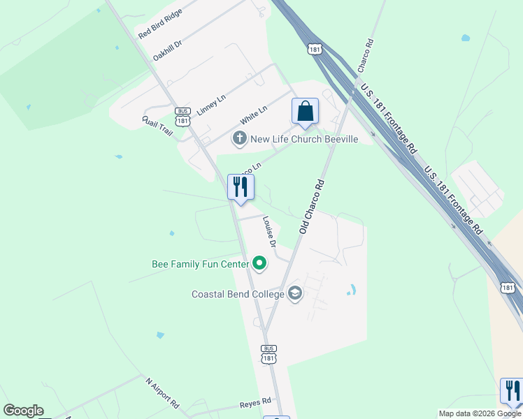 map of restaurants, bars, coffee shops, grocery stores, and more near 4018 Louise Drive in Beeville