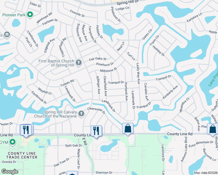 map of restaurants, bars, coffee shops, grocery stores, and more near 303 Clearfield Avenue in Spring Hill