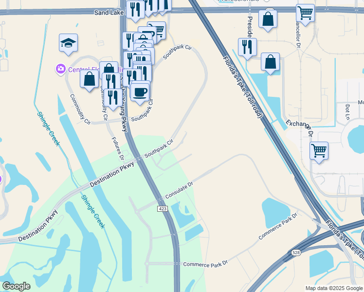 map of restaurants, bars, coffee shops, grocery stores, and more near 8427 Southpark Circle in Orlando