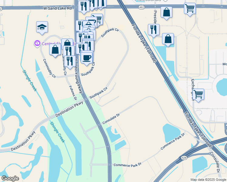 map of restaurants, bars, coffee shops, grocery stores, and more near 8639-8739 Southpark Circle in Orlando