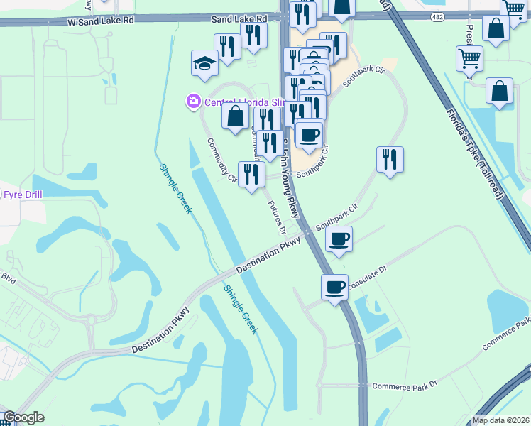 map of restaurants, bars, coffee shops, grocery stores, and more near 7350 Futures Drive in Orlando