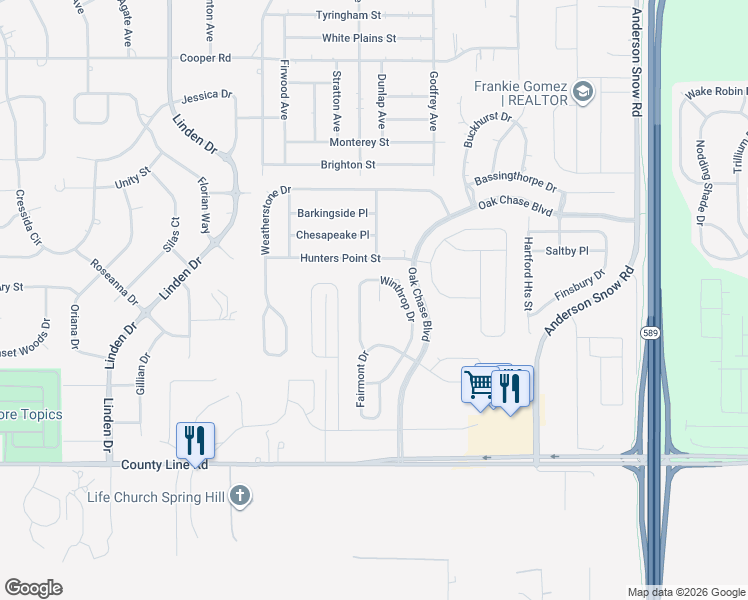 map of restaurants, bars, coffee shops, grocery stores, and more near 475 Rockrose Court in Spring Hill