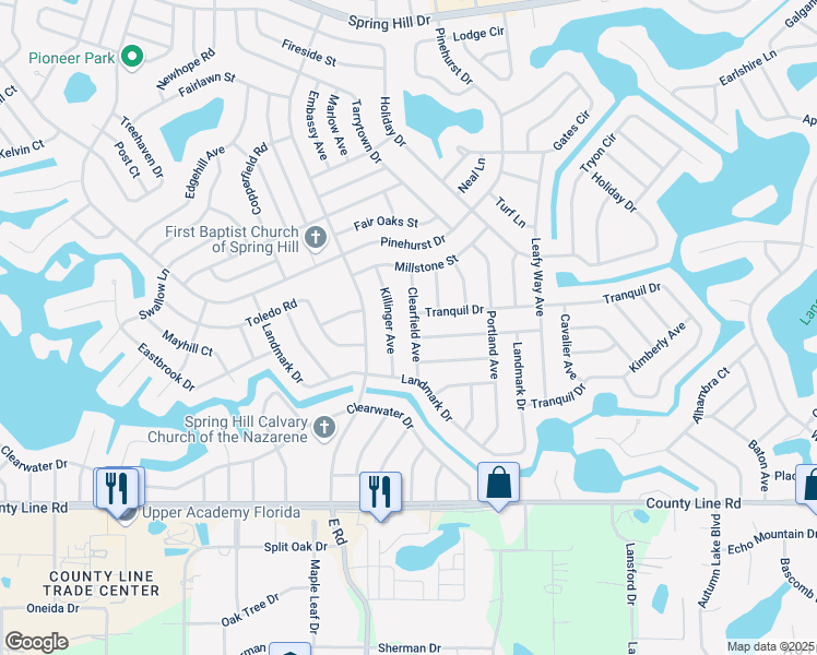 map of restaurants, bars, coffee shops, grocery stores, and more near 303 Clearfield Avenue in Spring Hill