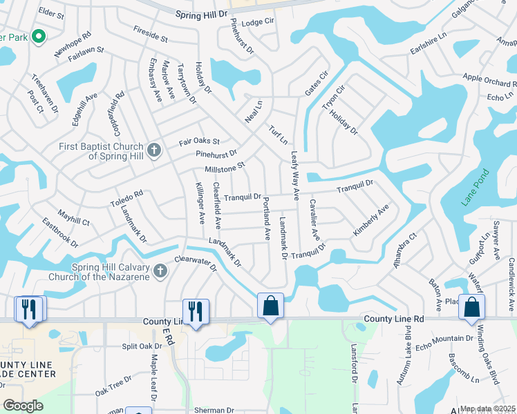 map of restaurants, bars, coffee shops, grocery stores, and more near 7331 Lamplighter Street in Spring Hill