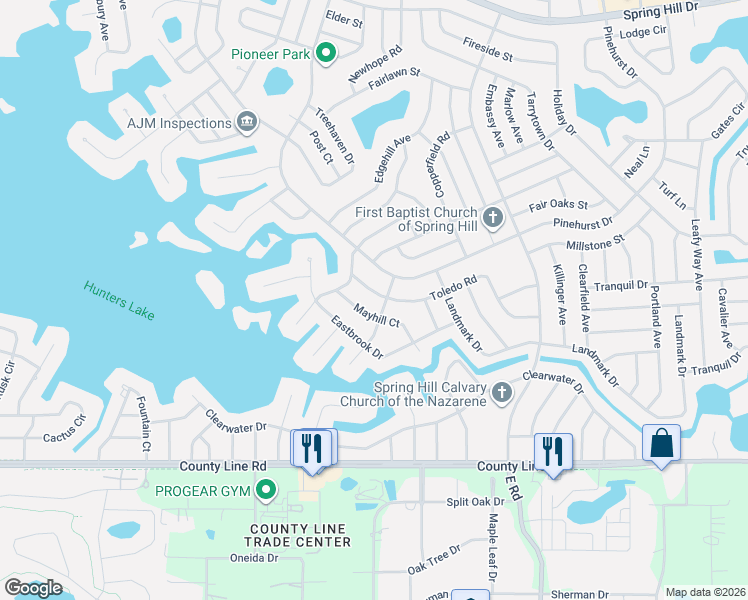 map of restaurants, bars, coffee shops, grocery stores, and more near 6464 Toledo Road in Spring Hill