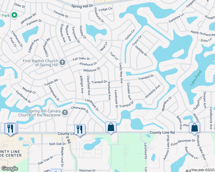 map of restaurants, bars, coffee shops, grocery stores, and more near 7331 Lamplighter Street in Spring Hill