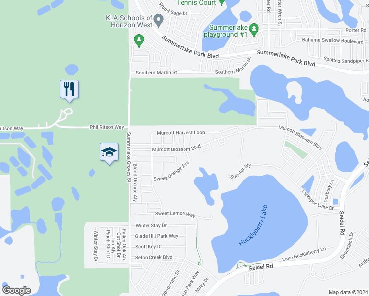 map of restaurants, bars, coffee shops, grocery stores, and more near Sweet Orange Avenue in Winter Garden