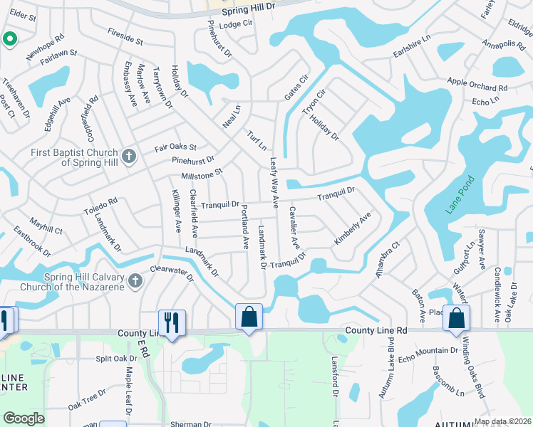 map of restaurants, bars, coffee shops, grocery stores, and more near 7379 Lamplighter Street in Spring Hill