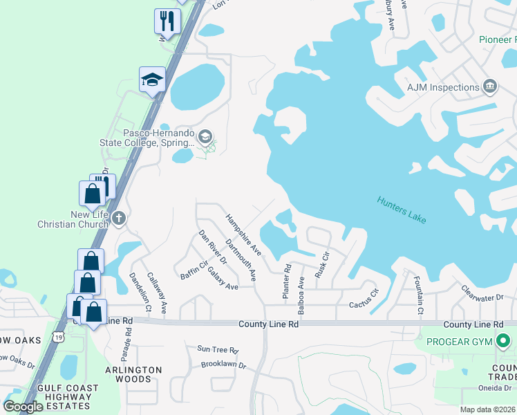map of restaurants, bars, coffee shops, grocery stores, and more near 5553 Baffin Circle in Spring Hill