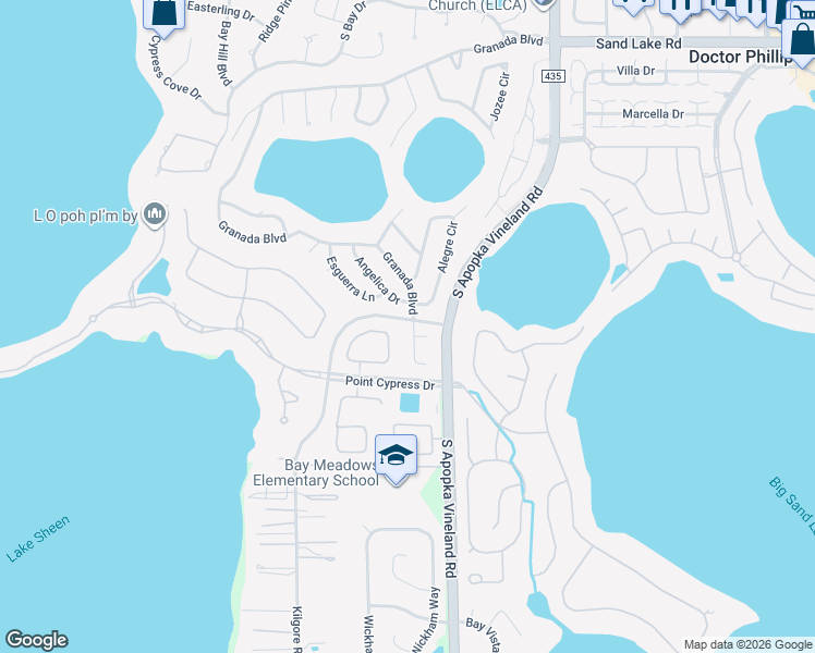 map of restaurants, bars, coffee shops, grocery stores, and more near 8780 Granada Boulevard in Orlando