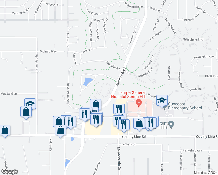 map of restaurants, bars, coffee shops, grocery stores, and more near 546 Spring Haven Loop in Spring Hill