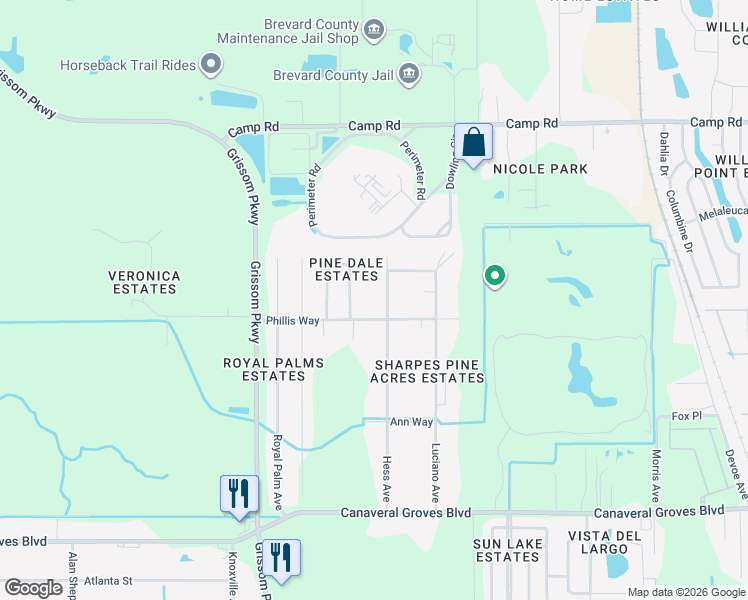 map of restaurants, bars, coffee shops, grocery stores, and more near 4207 Kipling Drive in Cocoa
