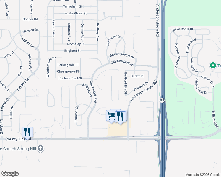 map of restaurants, bars, coffee shops, grocery stores, and more near 1173 Windsor Court in Spring Hill