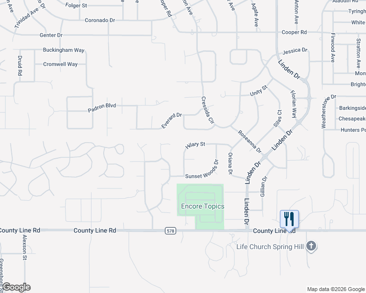 map of restaurants, bars, coffee shops, grocery stores, and more near 12789 Hilary Street in Spring Hill