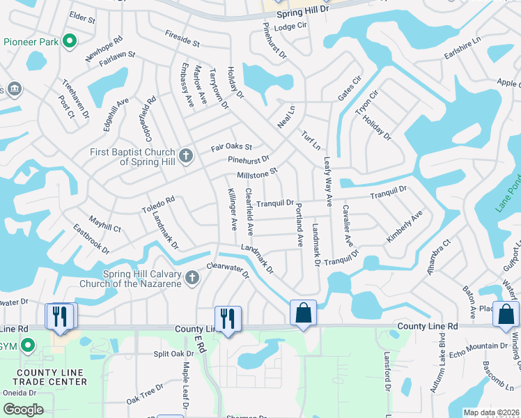 map of restaurants, bars, coffee shops, grocery stores, and more near 7285 Lamplighter Street in Spring Hill