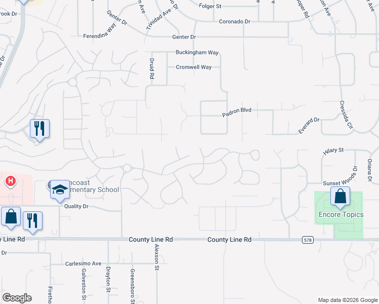 map of restaurants, bars, coffee shops, grocery stores, and more near 11799 Fairfield Court in Spring Hill