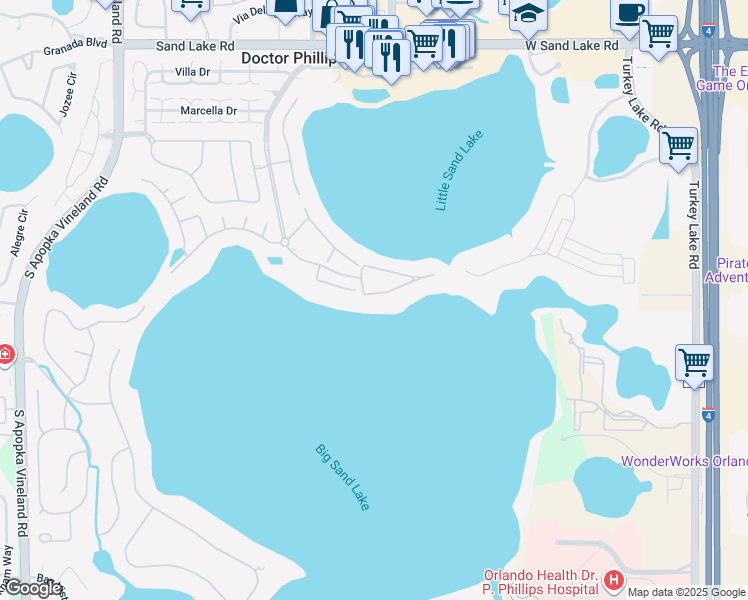 map of restaurants, bars, coffee shops, grocery stores, and more near 8773 The Esplanade in Orlando
