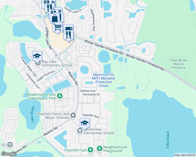 map of restaurants, bars, coffee shops, grocery stores, and more near 8518 Native Pine Way in Orlando