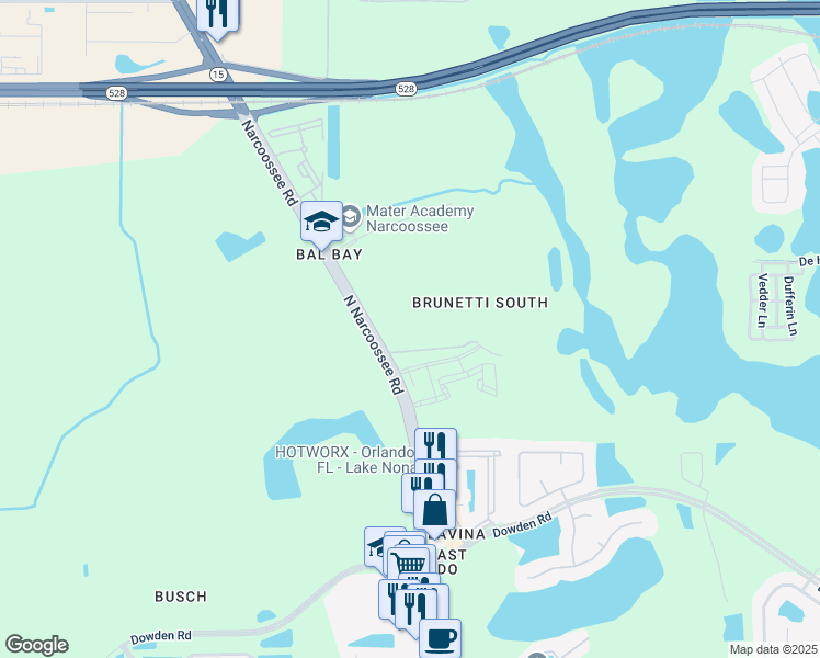 map of restaurants, bars, coffee shops, grocery stores, and more near 8810 Albury Drive in Orlando