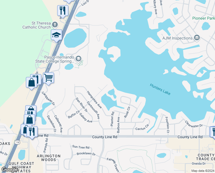 map of restaurants, bars, coffee shops, grocery stores, and more near 5560 Baffin Circle in Spring Hill