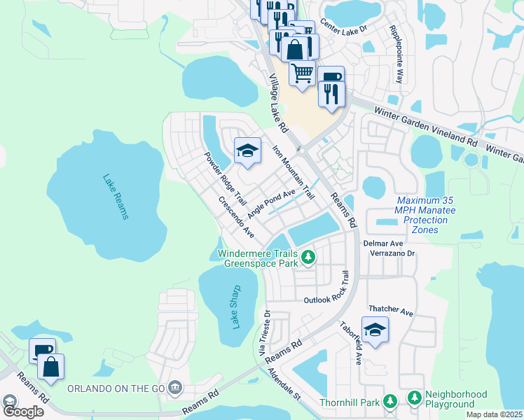 map of restaurants, bars, coffee shops, grocery stores, and more near 12020 Angle Pond Avenue in Windermere