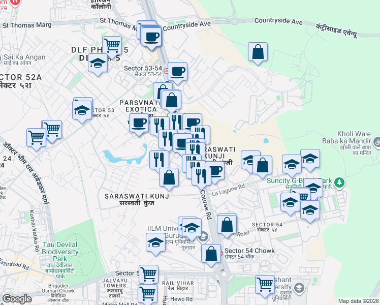 map of restaurants, bars, coffee shops, grocery stores, and more near Golf Course Road in Gurugram