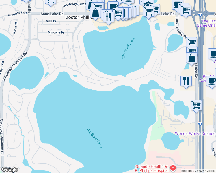 map of restaurants, bars, coffee shops, grocery stores, and more near 8761 The Esplanade in Orlando