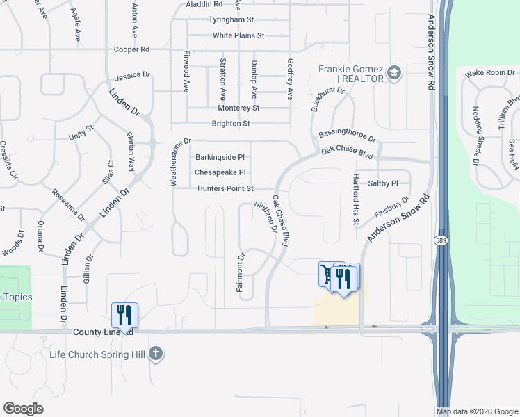 map of restaurants, bars, coffee shops, grocery stores, and more near 475 Rockrose Court in Spring Hill