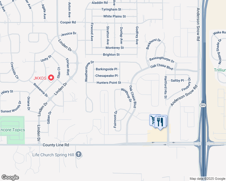 map of restaurants, bars, coffee shops, grocery stores, and more near 654 Winthrop Drive in Spring Hill