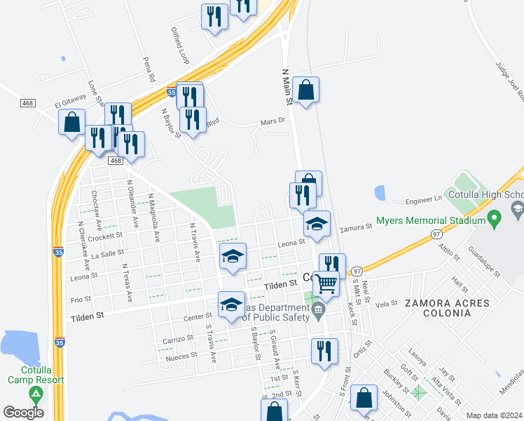 map of restaurants, bars, coffee shops, grocery stores, and more near 428-498 Medina Street in Cotulla