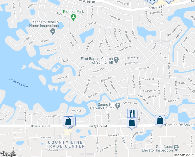 map of restaurants, bars, coffee shops, grocery stores, and more near 7158 Pinehurst Drive in Spring Hill