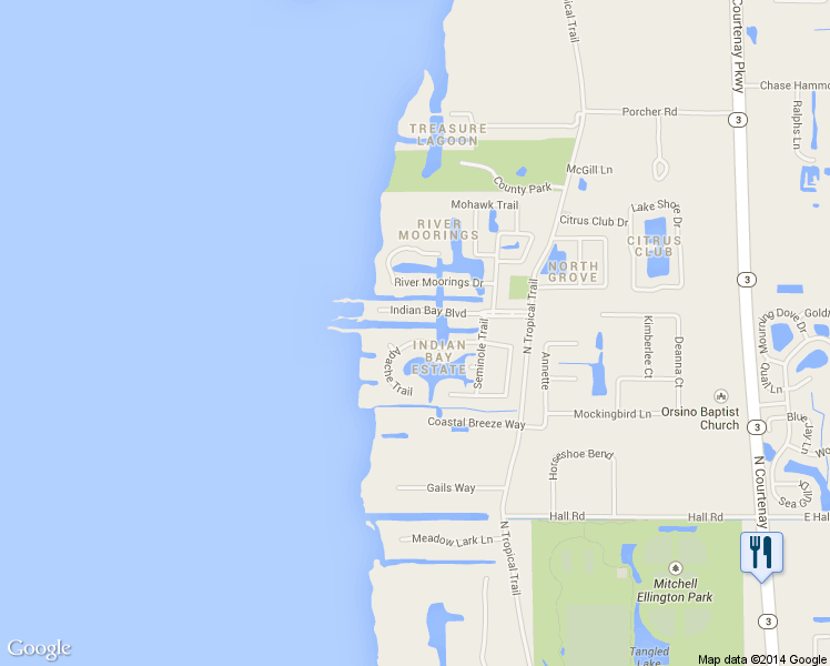 map of restaurants, bars, coffee shops, grocery stores, and more near 520 Apache Trail in Merritt Island