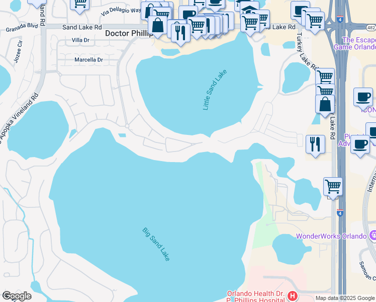 map of restaurants, bars, coffee shops, grocery stores, and more near 8761 The Esplanade in Orlando