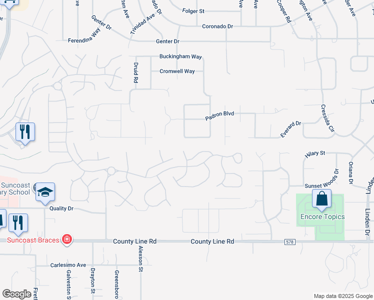 map of restaurants, bars, coffee shops, grocery stores, and more near 11661 New Britain Drive in Spring Hill
