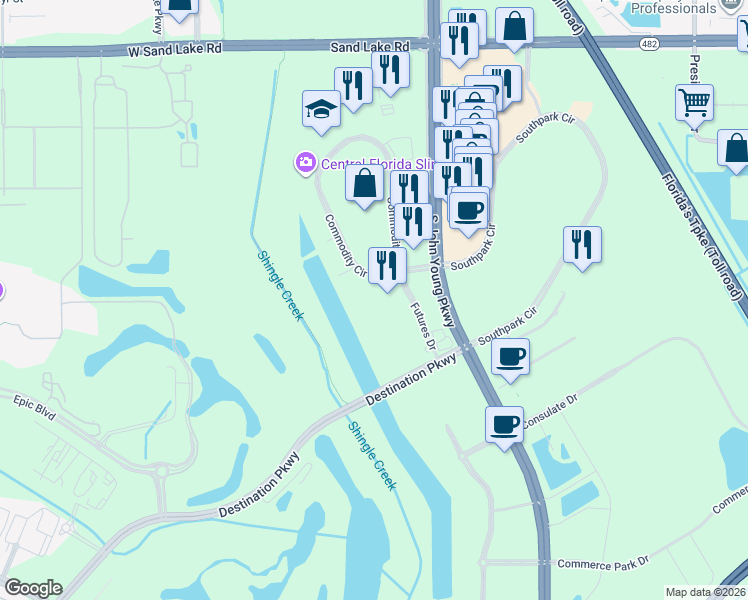 map of restaurants, bars, coffee shops, grocery stores, and more near 8523 Commodity Circle in Orlando