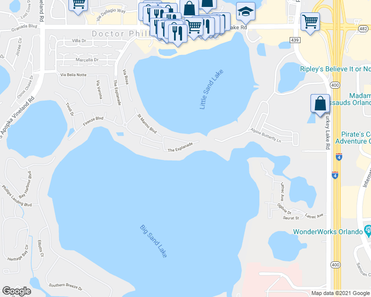 map of restaurants, bars, coffee shops, grocery stores, and more near 8761 The Esplanade in Orlando