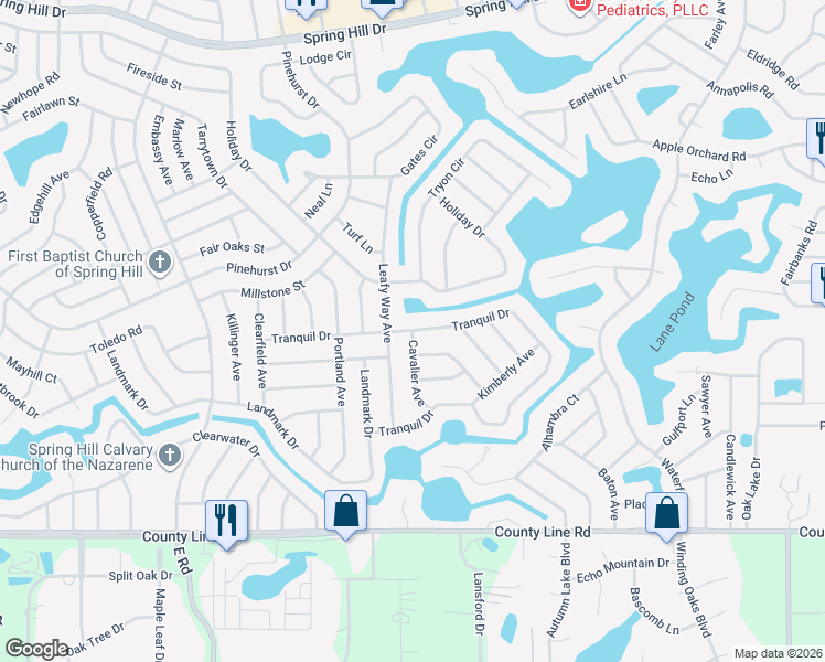 map of restaurants, bars, coffee shops, grocery stores, and more near 7414 Tranquil Drive in Spring Hill