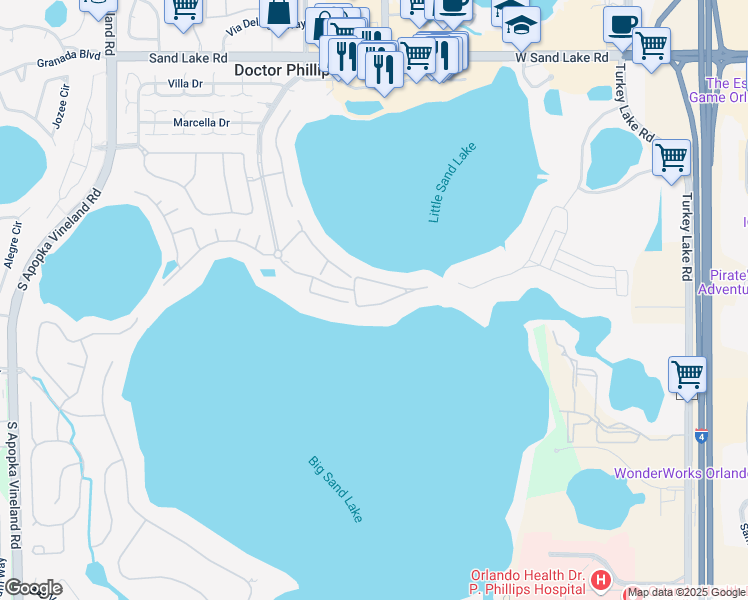 map of restaurants, bars, coffee shops, grocery stores, and more near 8760 The Esplanade in Orlando