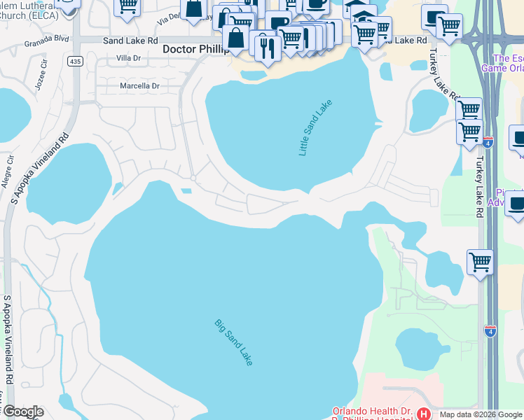 map of restaurants, bars, coffee shops, grocery stores, and more near 8760 The Esplanade in Orlando